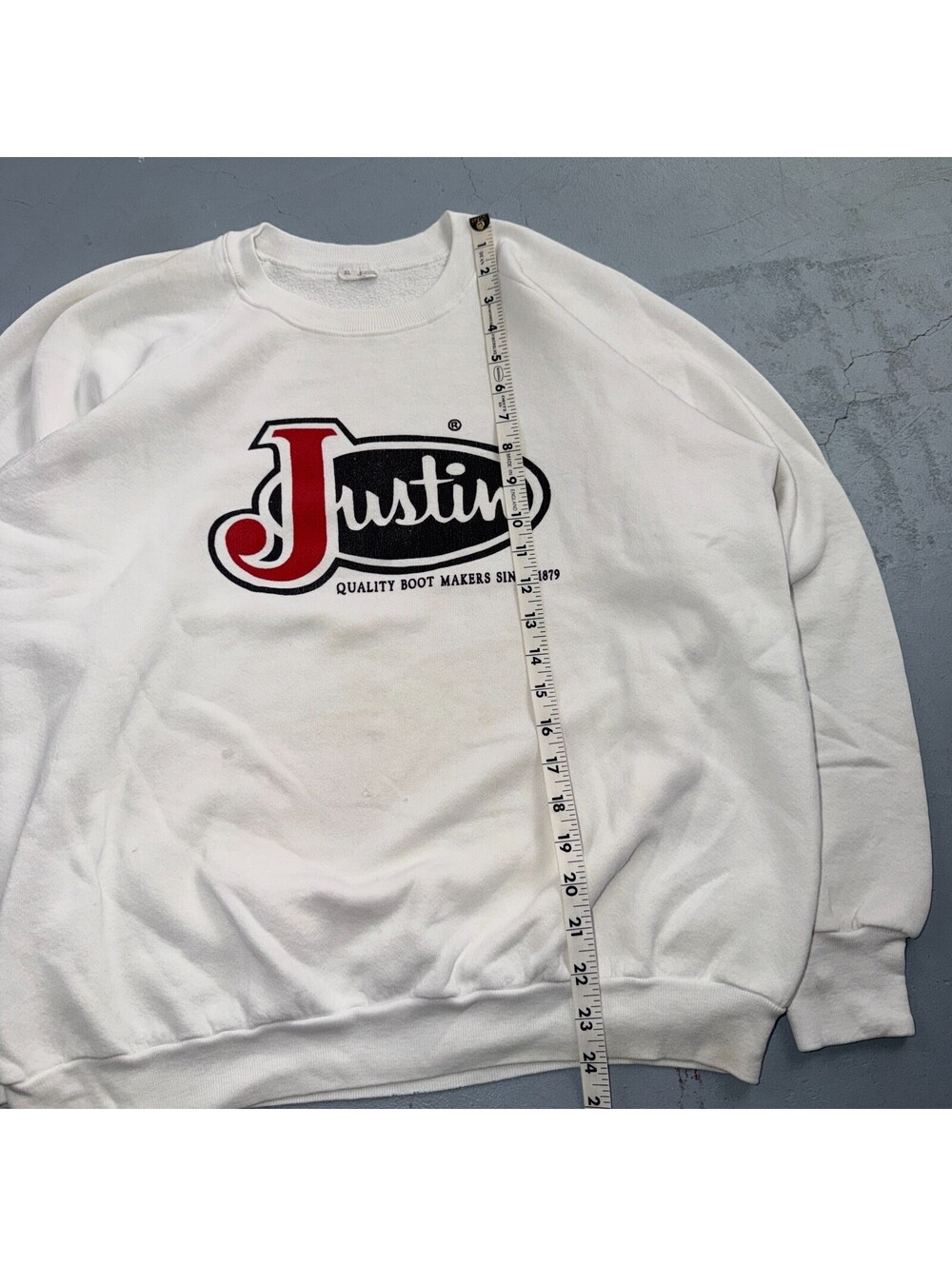 VTG Justin Boots Logo Promo Sweatshirt White Western Cowboy USA XL 1980s 80s - Picture 5 of 13